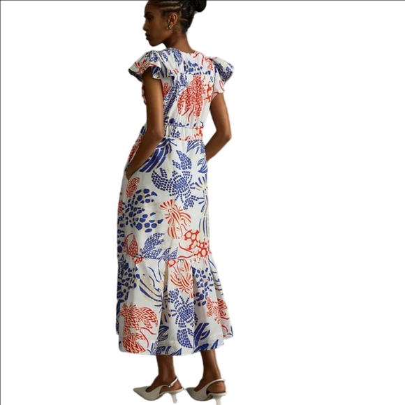 Farm Rio Mixed Lobsters Coral & Blue On Off-white Cap Flutter Sleeve Midi Dress - Picture 3 of 14